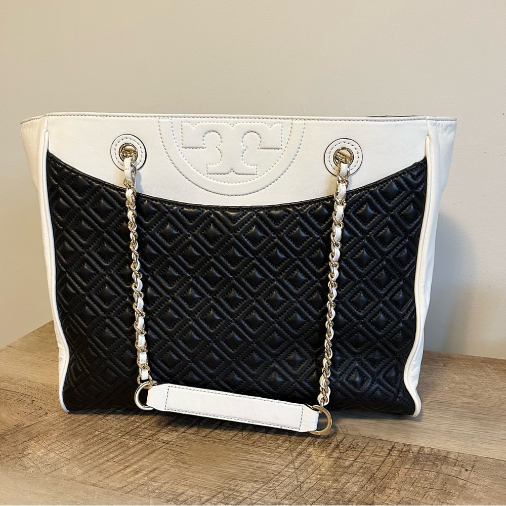 Elegant Black and White Quilted Tote Bag EUC